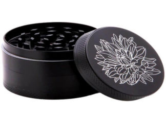 DCOU New Design Premium Zinc Alloy Herb Grinder 2.2 Inches 4 Piece Metal Grinder with Pollen Catcher with Carved Flower (Black)