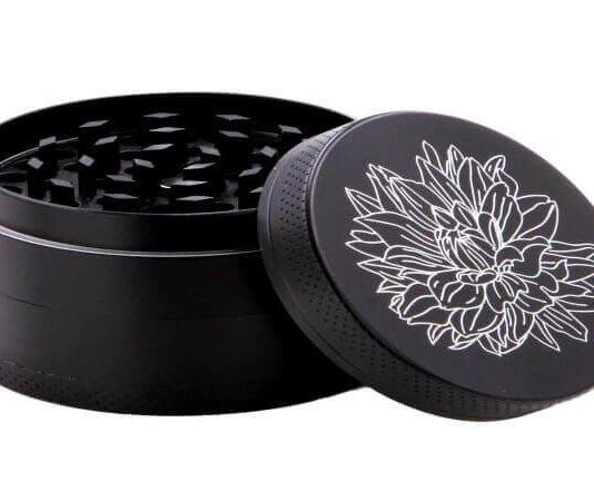 DCOU New Design Premium Zinc Alloy Herb Grinder 2.2 Inches 4 Piece Metal Grinder with Pollen Catcher with Carved Flower (Black)